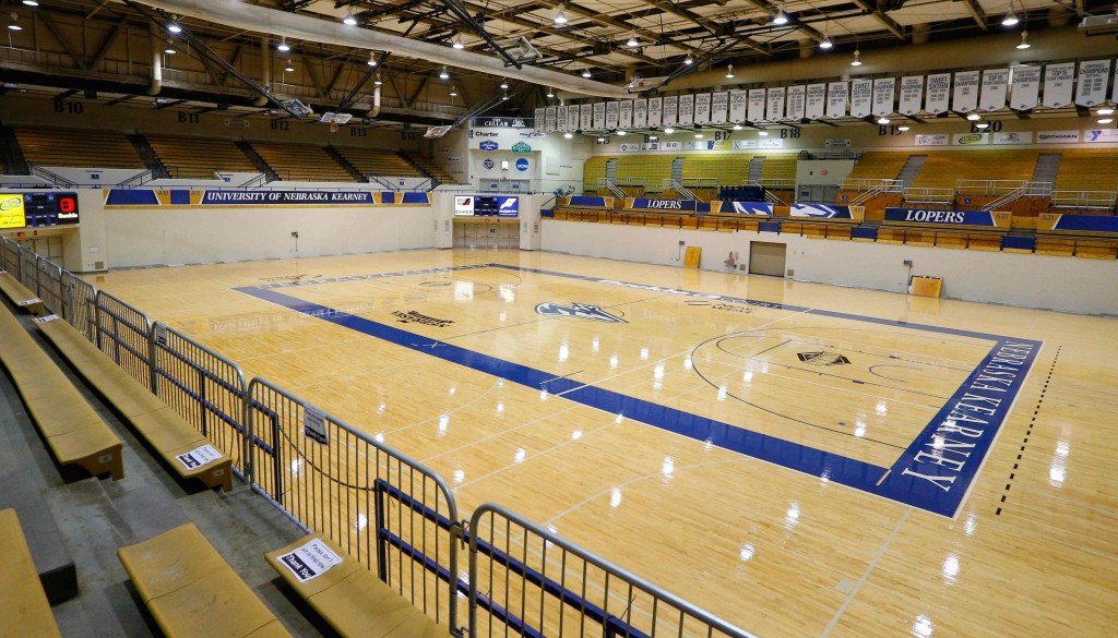 The entire lower level of bench-style seating at UNK’s Health and Sports Center has been removed. New chair back seating at the arena highlights major facility upgrades that continue across the Loper athletic department.
