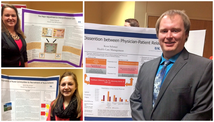 UNK Health Care Management students, clockwise from left, Shelby Chapelle of Lincoln, graduate Kent Schmer of Brule and Kelly Messbarger of Kearney present research in December at CHI Health Good Samaritan. The health care management minor was first offered at UNK in the fall of 2014. There are currently 28 students with the minor. (Photos courtesy of Anna Fryda/CHI Health)