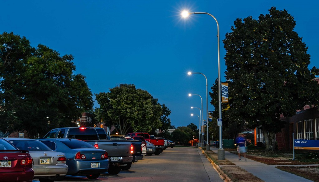 The University of Nebraska at Kearney has started to replace fluorescent lighting and is installing LED lighting across campus as part of its sustainability plan. (Photo by Corbey R. Dorsey/UNK Communications)