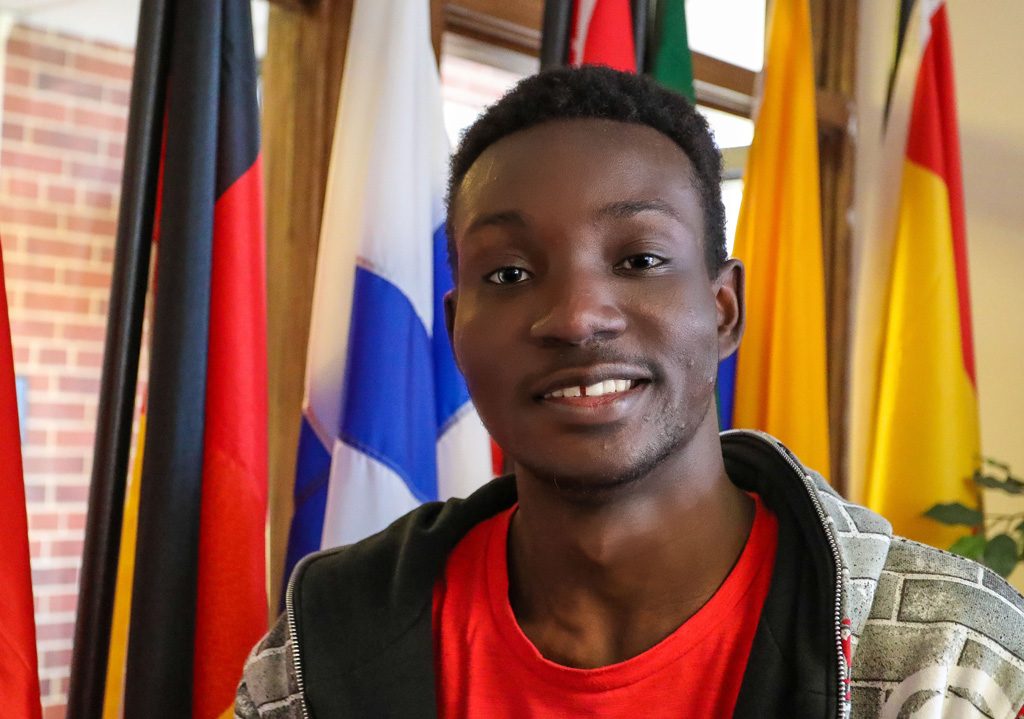 Edem Sognon traveled more than 6,000 miles from Togo, Africa, to attend the University of Nebraska at Kearney. His family provides him with endless support to overcome the language barrier and excel his first year in the United States. (Photo by Corbey R. Dorsey/UNK Communications)