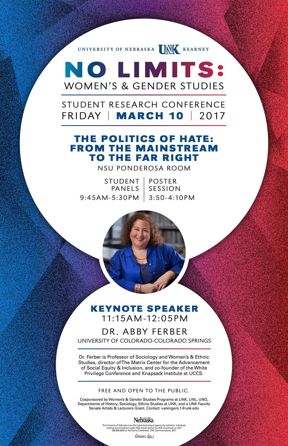 No Limits: Women's and Gender Studies Conference event flyer; Friday, March 10, 11:15 a.m., Keynote Speaker Abby Ferber