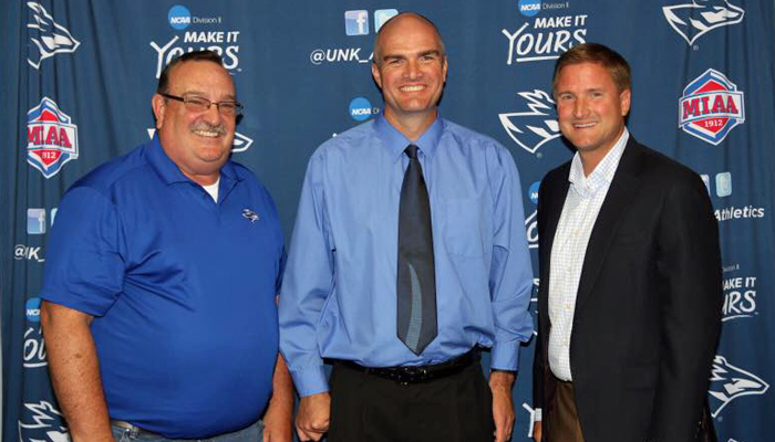 KRVN Station Manager Tim Marshall, left, Sports Director Jayson Jorgensen, middle, and UNK Athletics Director Paul Plinske announced the new partnership for UNK Athletics radio broadcasts.