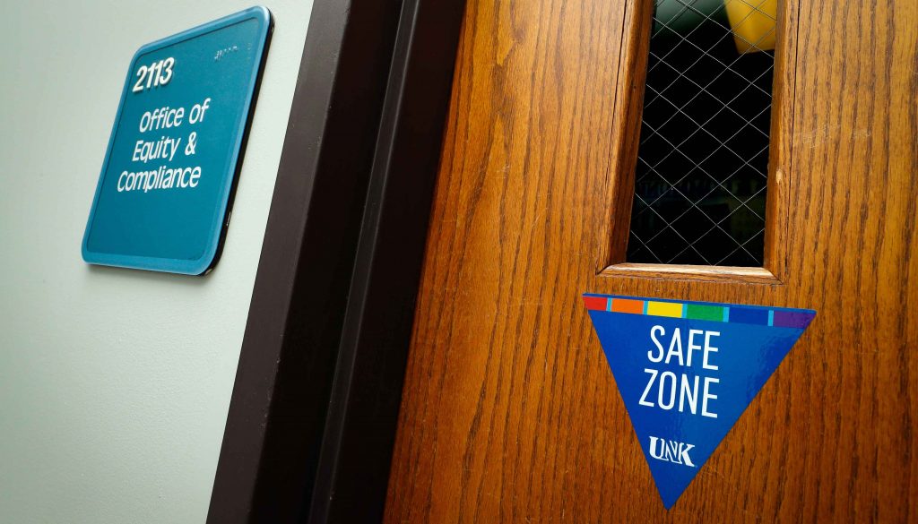 Safe Zone Training LogoThose who complete UNK’s Safe Space training can receive a decal to display on their office doors or windows, which indicates their commitment to provide a Safe Space so LGBTQ people feel free to be themselves and safe from threat of harassment. (Photo by Corbey R. Dorsey, UNK Communications)