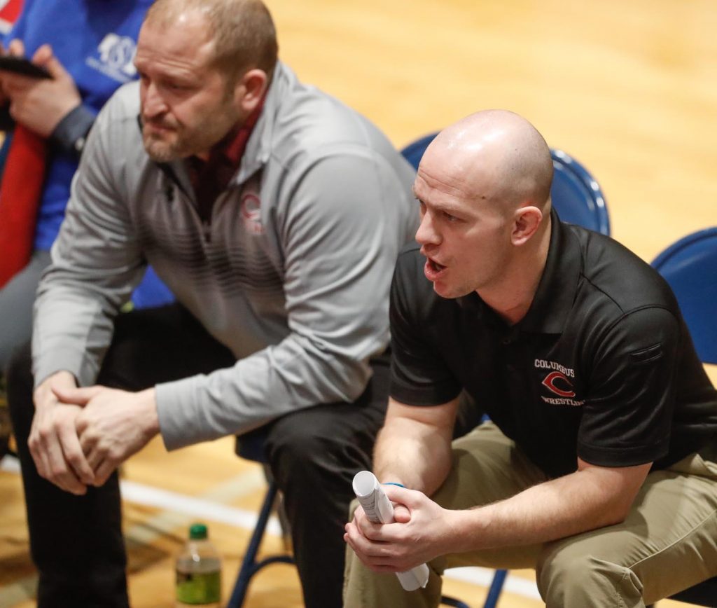 Columbus High coach Adam Keiswetter was among several coaches with UNK ties who brought their teams to the dual championships at UNK. He noted facility changes since his time as a Loper, including banners representing UNK’s wrestling national championships and five national runner-up performances. “It’s kind of cool to see that stuff. The new athletic director has really upgraded this facility,” Keiswetter said of Paul Plinske, who was named director of athletics at UNK in 2013.