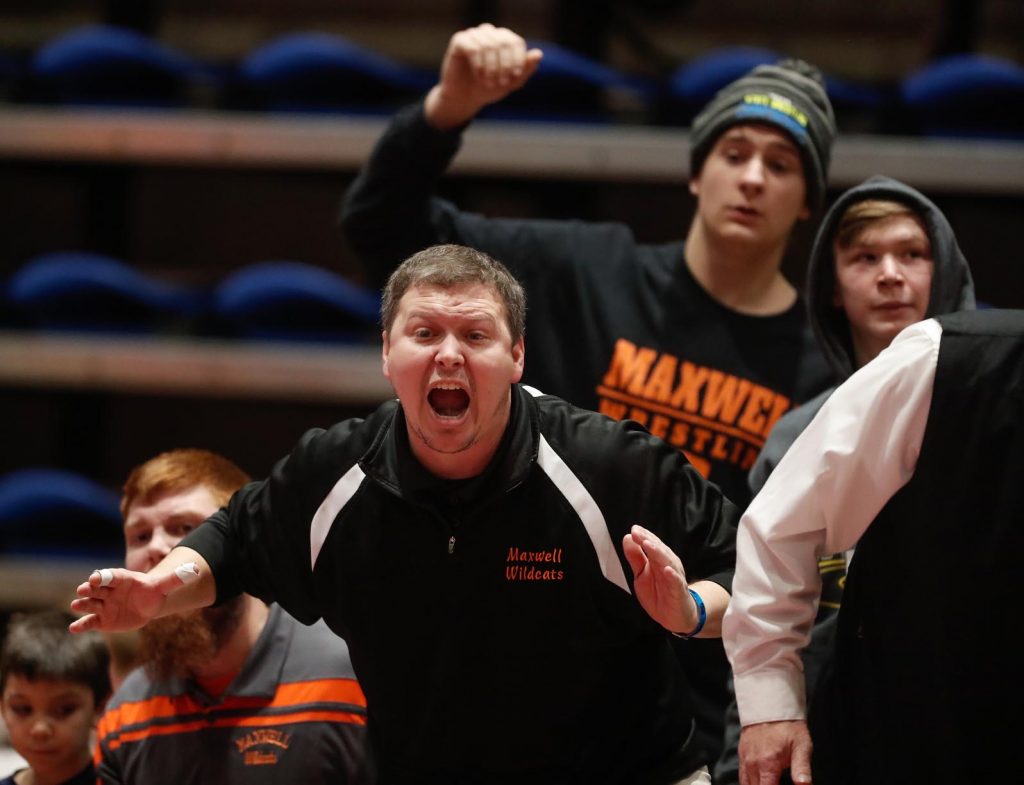 Maxwell coach Ryan Jones yells instructions to one of his wrestlers at Saturday’s NSAA Dual Wrestling Championships. The University of Nebraska at Kearney has hosted the event since 2013. (Photo by Corbey R. Dorsey, UNK Communications)