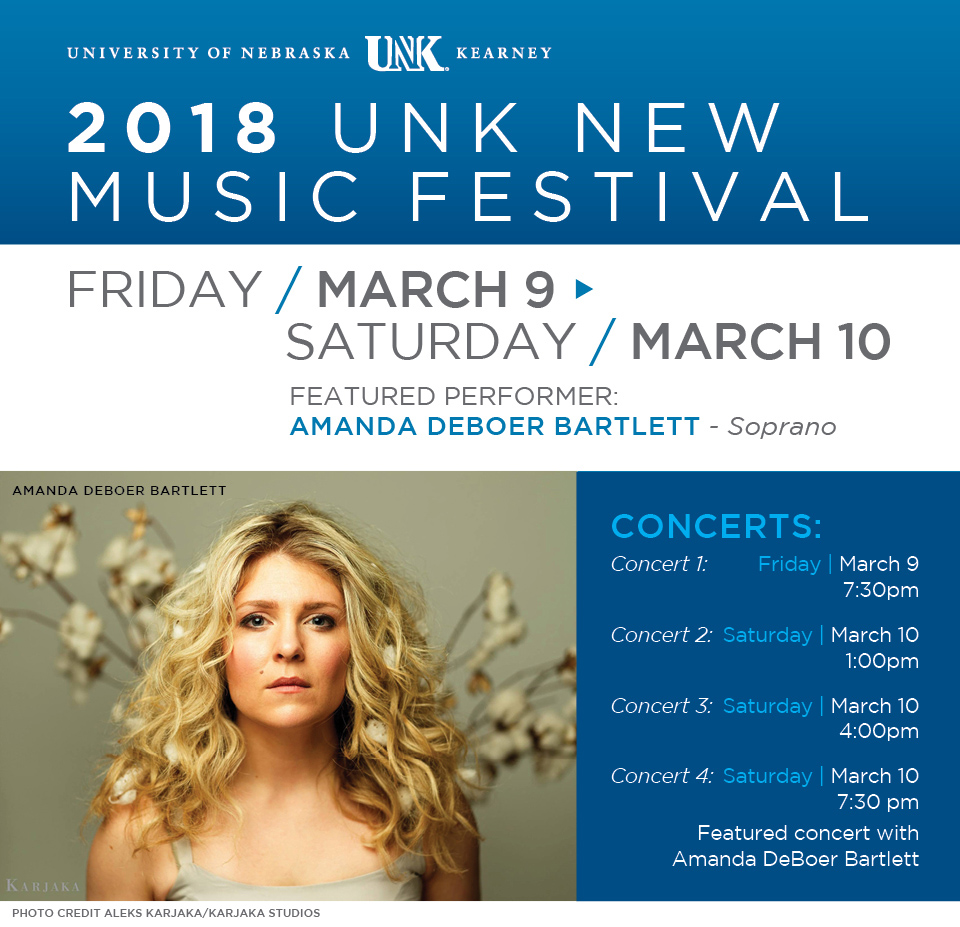 The featured concert with DeBoer Bartlett is scheduled for 7:30 p.m. Saturday in UNK’s Fine Arts Recital Hall.Three more concerts, scheduled for 7:30 p.m. Friday and 1 and 4 p.m. Saturday, will also be hosted in UNK’s Fine Arts Recital Hall.