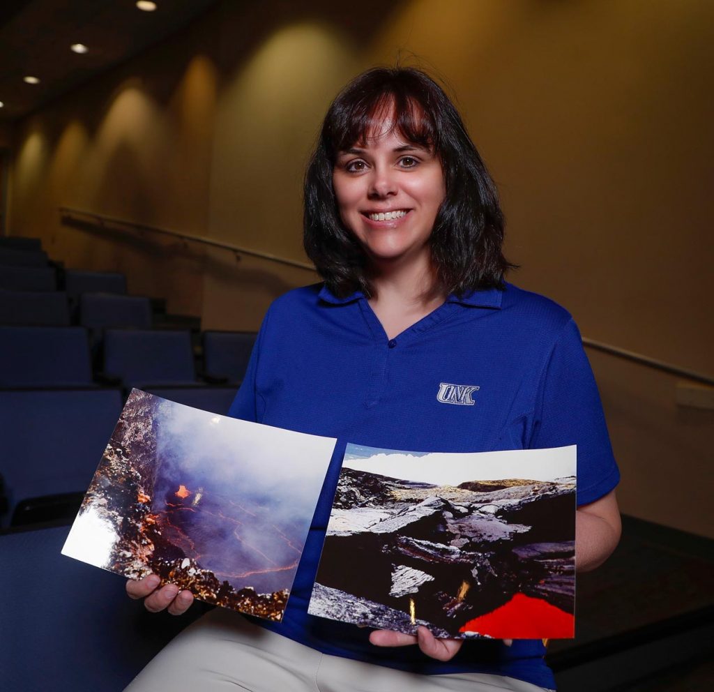 Beth Hinga is quite familiar with the Kilauea volcano in Hawaii. She interned at the Hawaiian Volcano Observatory in 1993, taking weekly helicopter rides to the edge of the lava lake pictured on the left to measure its height. (Photo by Corbey R. Dorsey, UNK Communications)