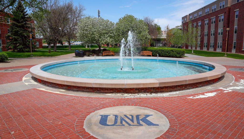 Cope Fountain was dedicated at the University of Nebraska at Kearney in 1995. It is being replaced and improved as part of the university’s sanitary and storm sewer project. Plaques, donor bricks, benches and branding elements will be saved and reused. (Photo by Corbey R. Dorsey, UNK Communications)