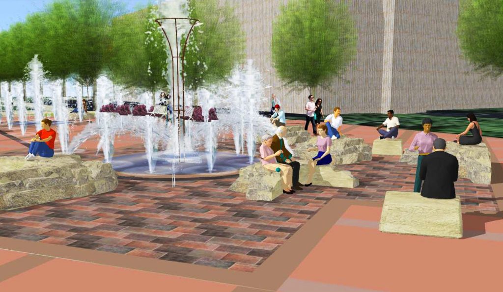 Because sewer upgrades will occur directly under Cope Fountain, that feature must be removed and replaced. The fountain will stay in the same location near the center of campus. The new design hasn’t been finalized. (Courtesy Chroma Design)