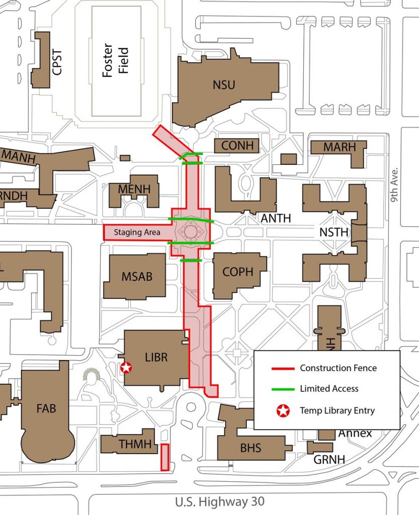 The sanitary and storm sewer project at UNK covers a north-south area from the southwest corner of the union to the southeast corner of Thomas Hall, running east of Men’s Hall, the Memorial Student Affairs Building and Calvin T. Ryan Library. An equipment staging area will be located just west of Cope Fountain, between Men’s Hall and the student affairs building.