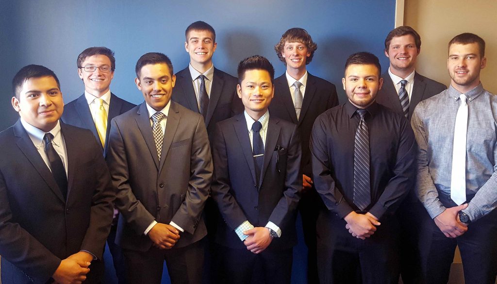 New members of the Gamma Omicron Chapter of Epsilon Pi Tau include (front row, left to right) Bryan Pastor, David Almanza, Ryota Hiraishi, Bryan Pastor and Tyler Webster, and (back row, left to right) Brent Anderson, Morgan Soucie, Jared Karlson, Jared Paup.