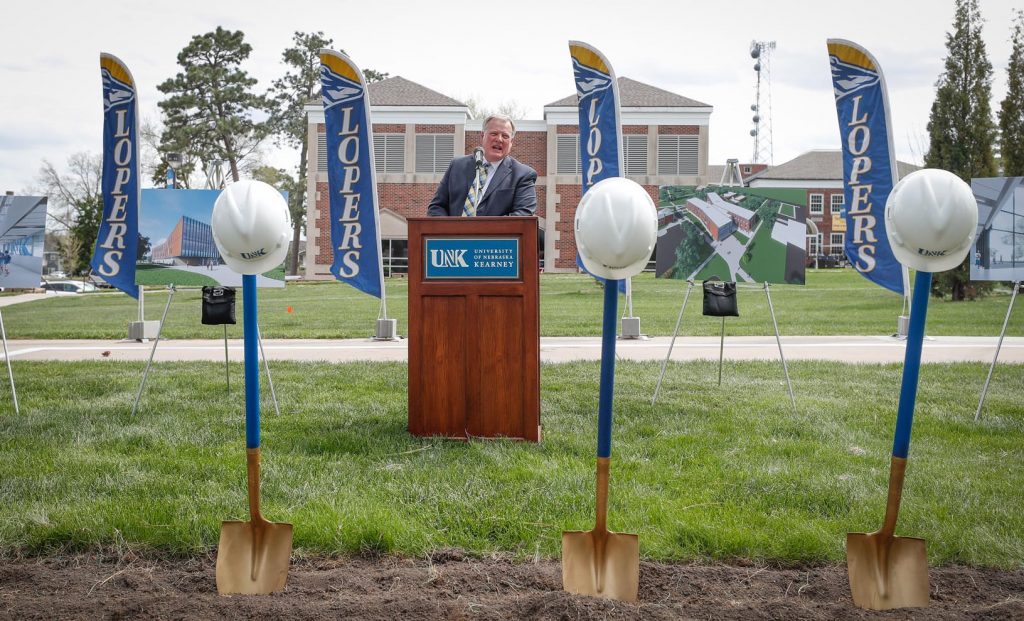 Chancellor Doug Kristensen addresses the crowd at Wednesday’s groundbreaking ceremony for the University of Nebraska at Kearney’s new $30 million STEM building. (Photo by Corbey R. Dorsey, UNK Communications)