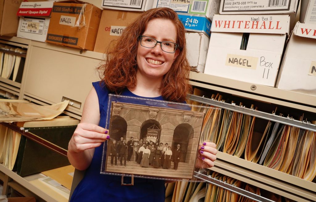 There are thousands of items in the UNK archives, which are overseen by Laurinda Weisse. The collection fills cardboard boxes, manila folders, file cabinets and metal shelves inside a small room on the second floor of Calvin T. Ryan Library. (Photo by Corbey R. Dorsey, UNK Communications