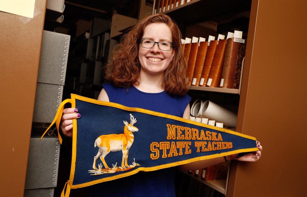 UNK archivist Laurinda Weisse describes her position as “a librarian for the rare and unique, special, one-of-a-kind items on campus.” The archives are home to everything from old school pennants and photos to an insect collection. (Photo by Corbey R. Dorsey, UNK Communications)