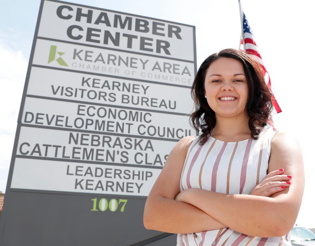 Jaclyn Stagemeyer, a senior at UNK, is working this summer as the marketing and events intern with Kearney Area Chamber of Commerce. “It’s been a great experience,” the Arapahoe native said. (Photo by Corbey R. Dorsey, UNK Communications)