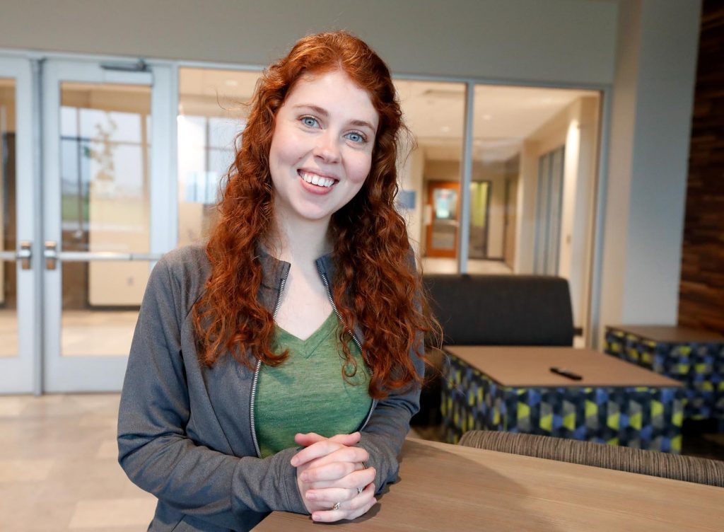 Cacia Barnes is the residence hall coordinator and a resident at Village Flats, an apartment-style housing complex that opened Aug. 1 at UNK. Barnes says the complex meets students’ expectations for housing that’s both affordable and nice. (Photo by Corbey R. Dorsey, UNK Communications)