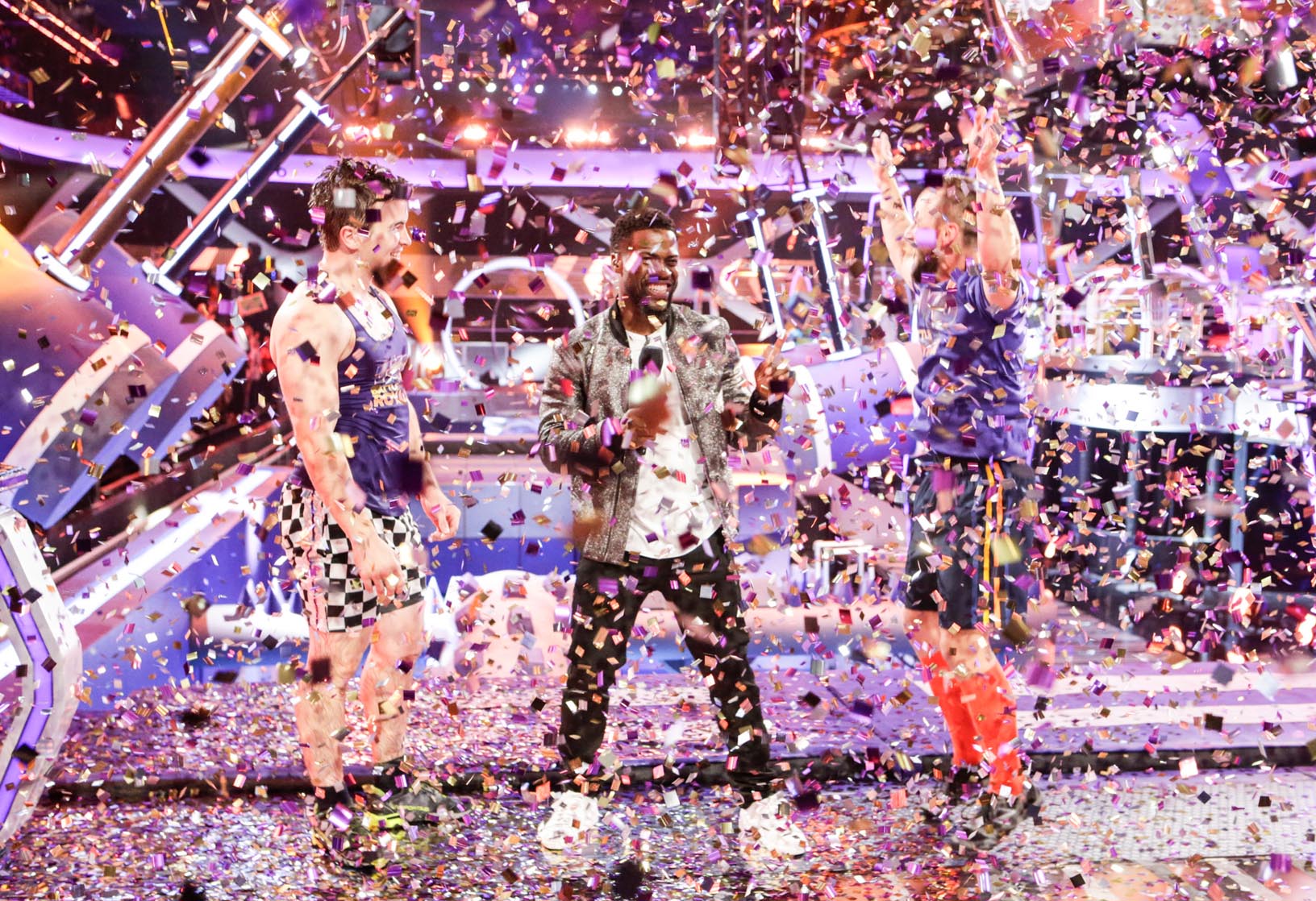 Bryce Abbey celebrates his win on the CBS show "TKO: Total Knock Out" with show host Kevin Hart. (Photo by Sonja Flemming, CBS ©2018 CBS Broadcasting)