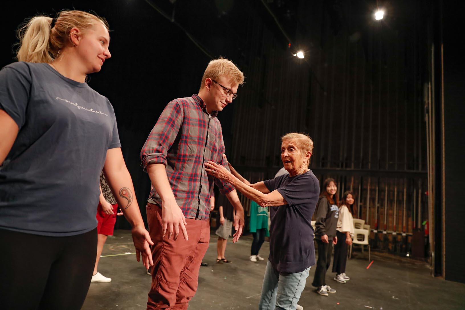 Patricia Birch works with UNK students as they rehearse for upcoming performances of “Orphan Train: The Musical.” Birch is an award-winning dancer, choreographer and Broadway director who has won two Emmys. (Photo by Corbey R. Dorsey, UNK Communications)
