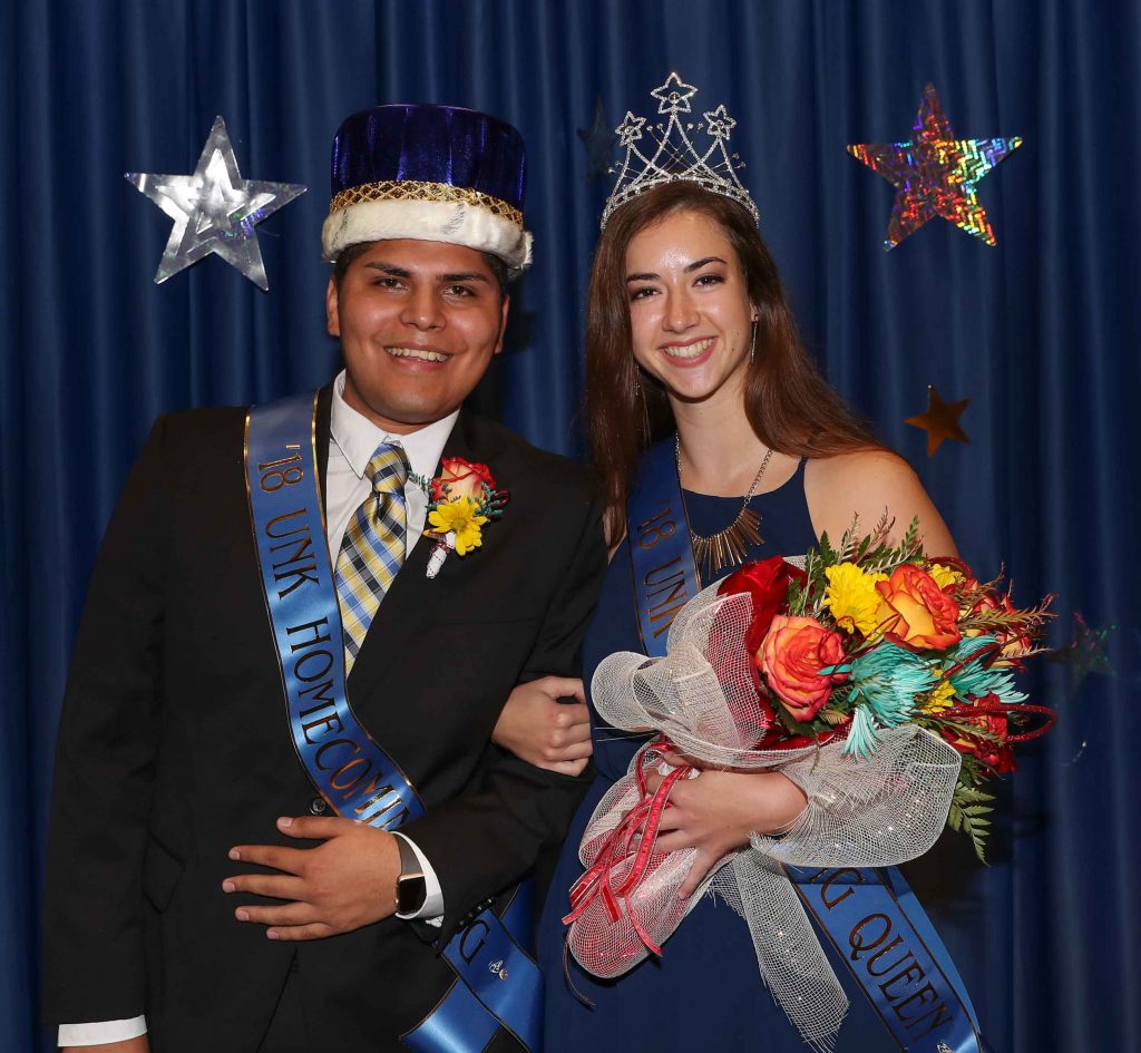 Anna Wegener of Lindsay and Odwuar Quiñonez of Lexington were crowned homecoming queen and king Thursday at the University of Nebraska at Kearney. (Photo by Corbey R. Dorsey, UNK Communications)
