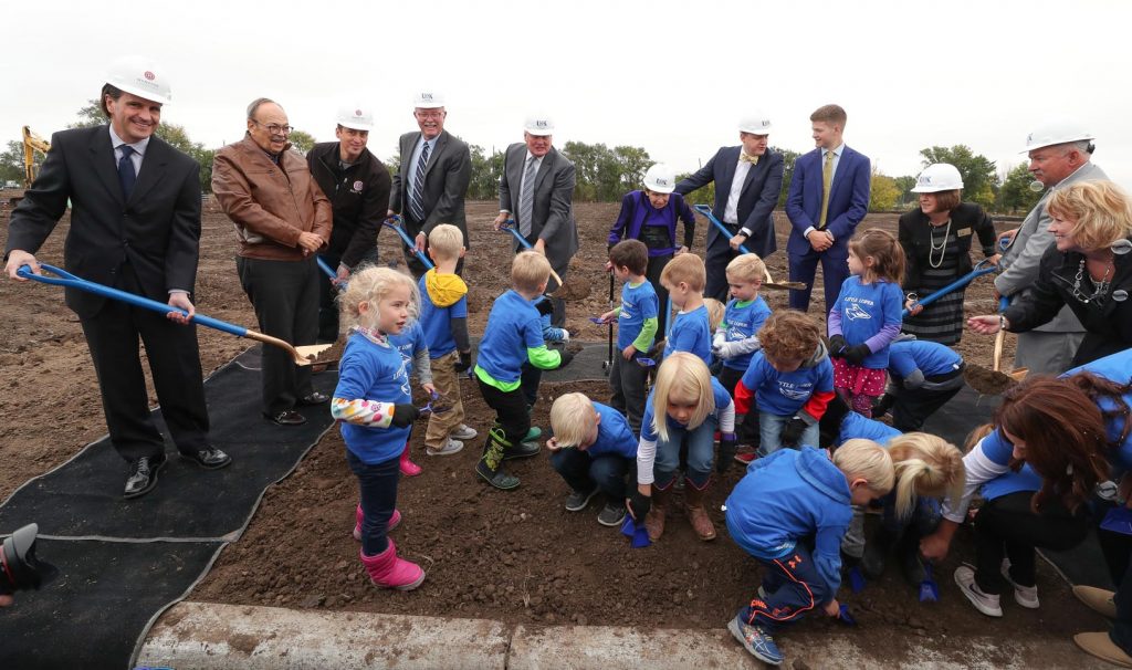 Children from UNK’s Child Development Center join other dignitaries Friday morning during a ceremonial groundbreaking for UNK’s new LaVonne Kopecky Plambeck Early Childhood Education Center. (Photo by Corbey R. Dorsey, UNK Communications)