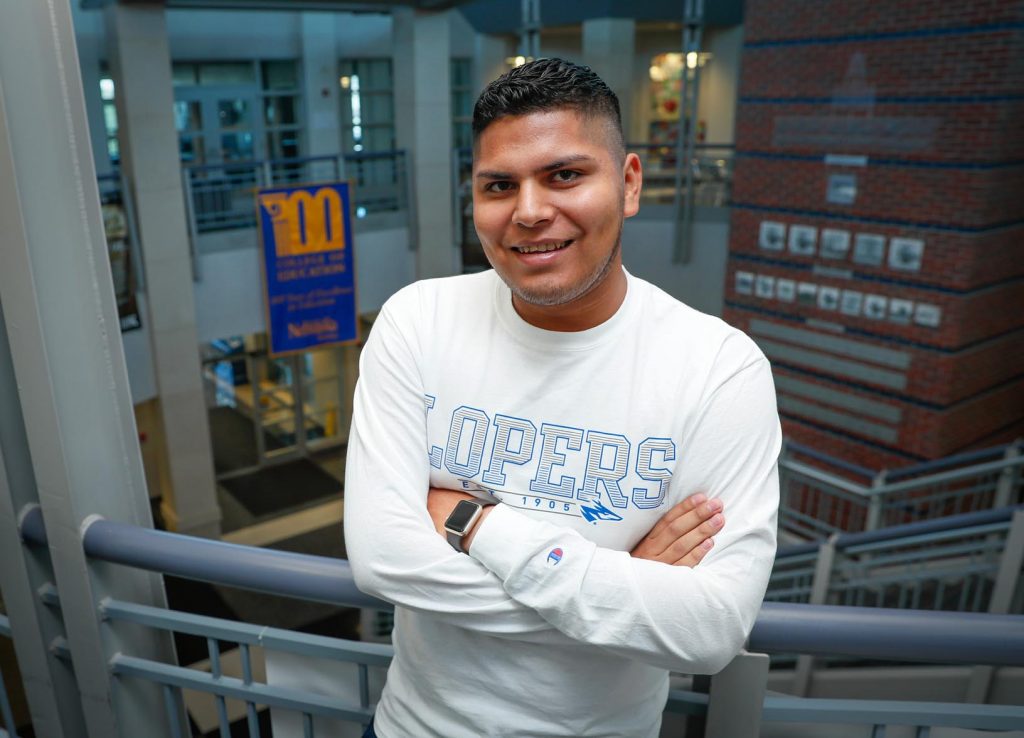 Odwuar Quiñonez came to the University of Nebraska at Kearney after graduating from Lexington High School. The son of immigrants from El Salvador and Guatemala, his parents sent him to the U.S. as a child so he could learn English and build a better life. (Photo by Corbey R. Dorsey, UNK Communications)