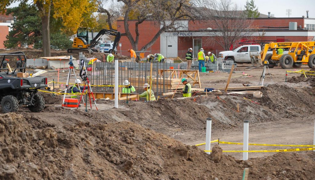 Construction of the new STEM building at the University of Nebraska at Kearney is underway. Masonry walls for a storm shelter are nearly complete, and a Geopier system used to reinforce the ground below the building has been installed. (Photo by Corbey R. Dorsey, UNK Communications)