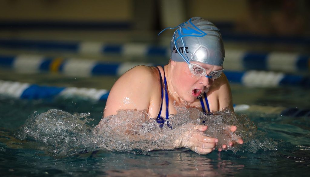 Addison Peitz, a junior from Hartington, has excelled during her three years at UNK, despite coming from a high school that doesn’t have a swim team. She’s posted three times that rank in the top 10 all-time at UNK. (Photo by Corbey R. Dorsey, UNK Communications)