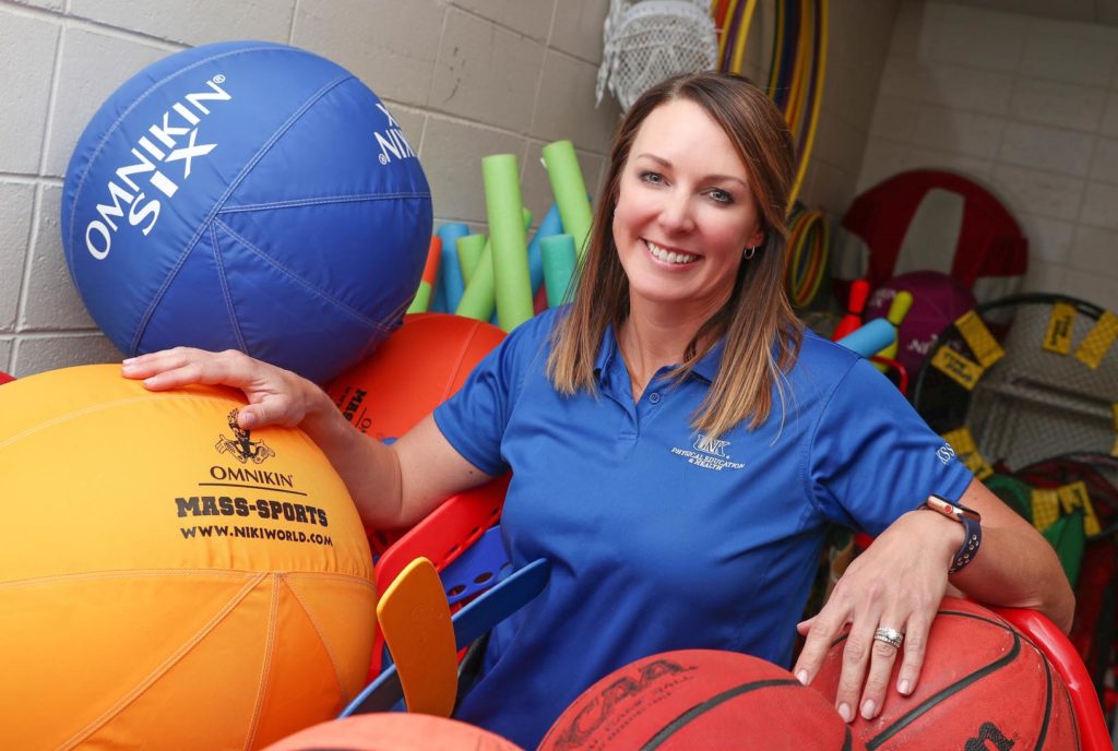 Associate professor Megan Adkins-Bollwitt, who chairs UNK’s health and physical education program, says fitness should be fun for PK-12 students so it translates to a lifetime of benefits. UNK’s program prepares students to be effective physical education instructors by introducing them to a variety of teaching methods and emphasizing hands-on training. (Photo by Corbey R. Dorsey, UNK Communications)