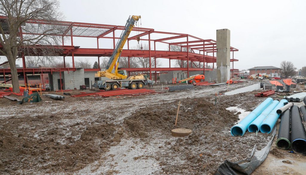 Workers are erecting the steel frame for the 90,000-square-foot STEM building on the UNK campus. The cutting-edge facility is scheduled for completion in spring 2020. (Photo by Corbey R. Dorsey, UNK Communications)