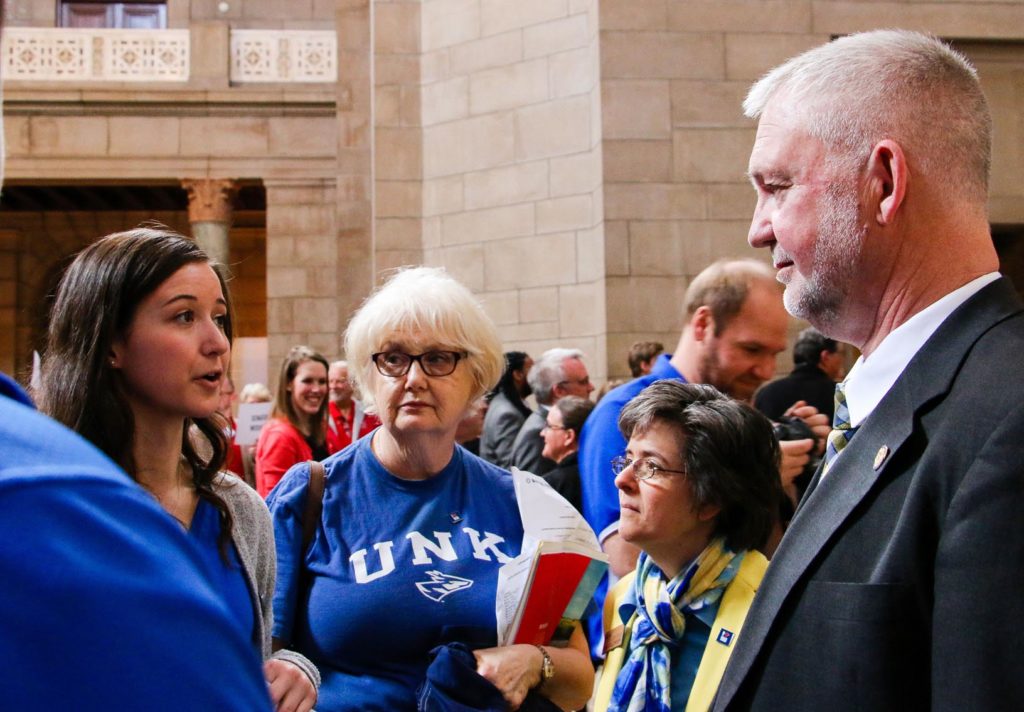 From left, UNK student Nicole Kent, supporter Enid Hansen and associate professor Dawn Mollenkopf meet with state Sen. John Lowe of Kearney during Wednesday’s “I Love NU Advocacy Day” at the Capitol in Lincoln. (Photo by Amanda Andresen, UNK Communications)
