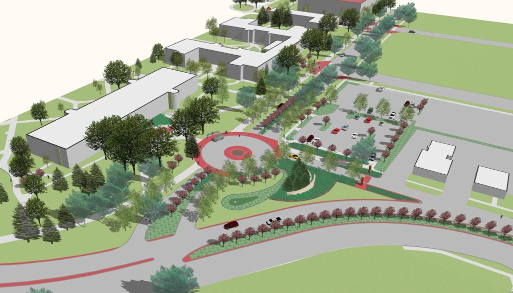A reworked east entrance to the University of Nebraska at Kearney campus will include a circular drop-off/pick-up area in front of Warner Hall along with landscaping and other traffic improvements.