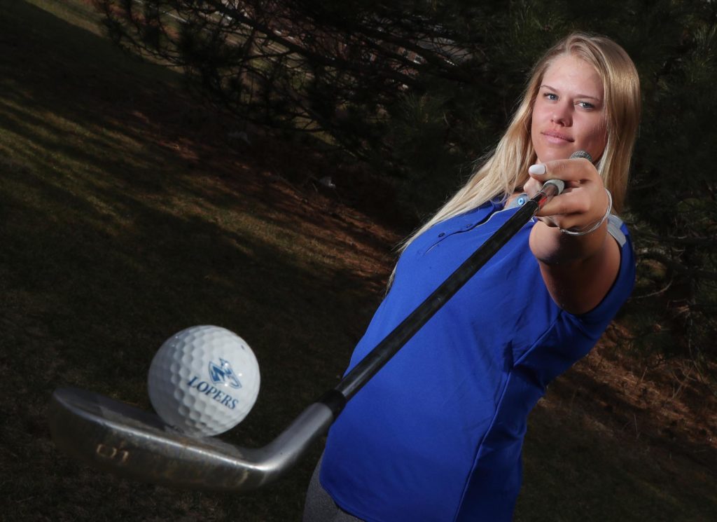 Brandi Lemek is making a name for herself at UNK. Lemek, the younger sister of one of the most-decorated amateur golfers in Nebraska history, holds the UNK record for lowest score in a 54-hole tournament and her 81.86 career stroke average is the third-lowest in school history. (Photo by Corbey R. Dorsey, UNK Communications)