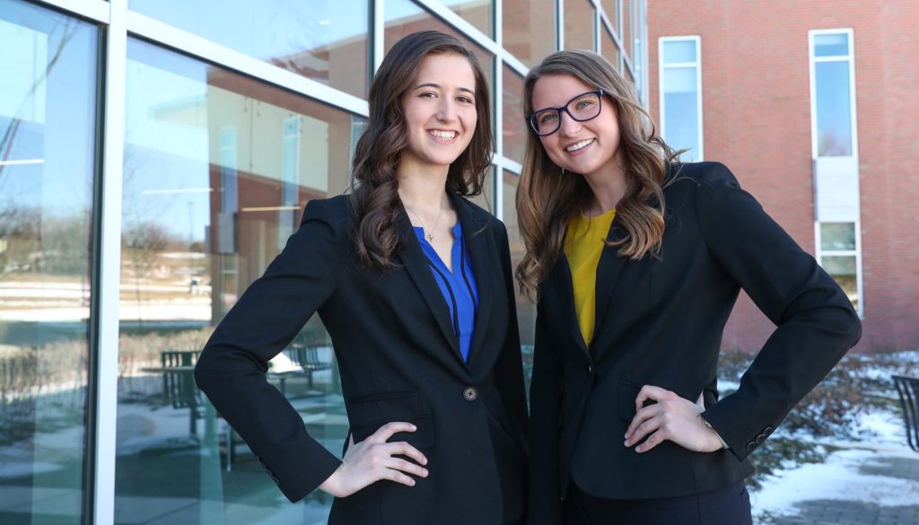 UNK Student Government leaders Nicole Kent, left, and Katie Schultis plan to tackle a variety of topics in the coming year, from legislative advocacy and library renovations to parking policy and dining options. (Photo by Corbey R. Dorsey, UNK Communications)