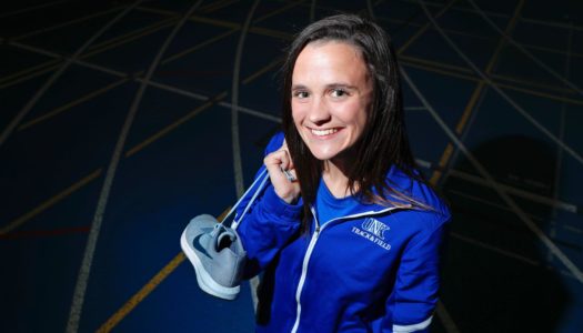 UNK distance runner Maddie Bach credits head coach Brady Bonsall with keeping her passion for the sport alive during a rough stretch prior to her arrival in Kearney. “I almost quit several times,” Bach said. “What kept me interested was him and his love for it. The fact that he had my back the whole time kind of kept me going.” (Photo by Corbey R. Dorsey, UNK Communications)