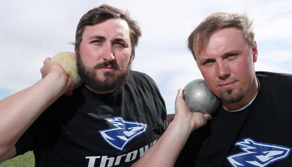 Tanner Barth, left, and Jacob Bartling lead a talented group of throwers on the UNK men’s track and field team. They both qualified for the NCAA Division II Indoor Championships in March. (Photo by Corbey R. Dorsey, UNK Communications)