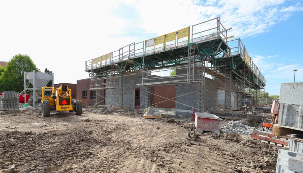 Work continues on an addition/renovation on the northwest corner of UNK’s Fine Arts Building, where the glassblowing and sculpture studios will be located. When the project wraps up this fall, all of UNK’s art areas will be in the same building. (Photo by Corbey R. Dorsey, UNK Communications)