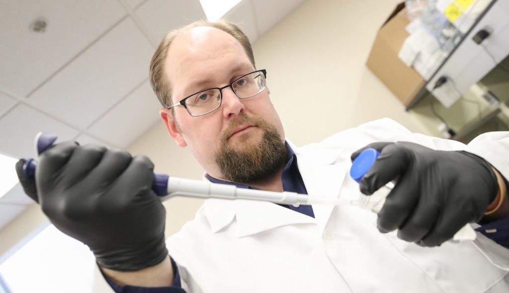 Joe Dolence, an assistant professor of biology at UNK, is studying peanut allergy with hopes of developing a better treatment strategy for the health issue. (Photo by Corbey R. Dorsey, UNK Communications)