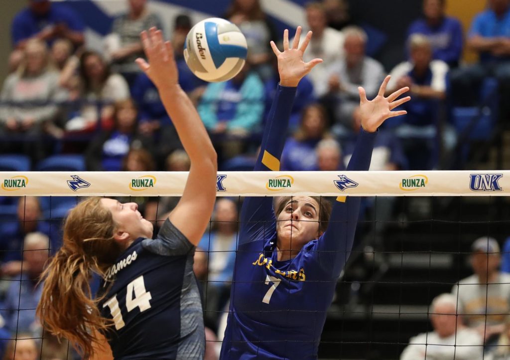 Middle hitter Anna Squiers, the daughter of head coach Rick Squiers, led the UNK volleyball team in blocks and finished fourth in kills last season. (Photo by Corbey R. Dorsey, UNK Communications)
