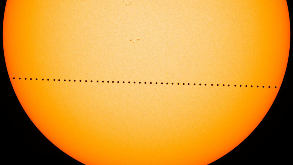 This composite image shows Mercury passing between the sun and Earth in May 2016. The celestial event, which happens about 13 times each century, will occur again Nov. 11. (Photo courtesy of NASA's Goddard Space Flight Center/SDO/Genna Duberstein)