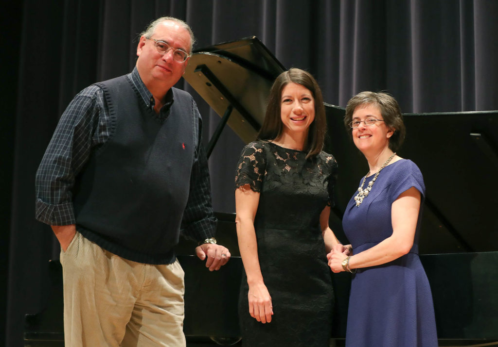UNK associate professor of teacher education Dawn Mollenkopf, right, worked with vocal music professor Andrew White and accompanist Kim Rehtus, an office associate in UNK’s Department of Teacher Education, while preparing for Sunday’s voice recital.