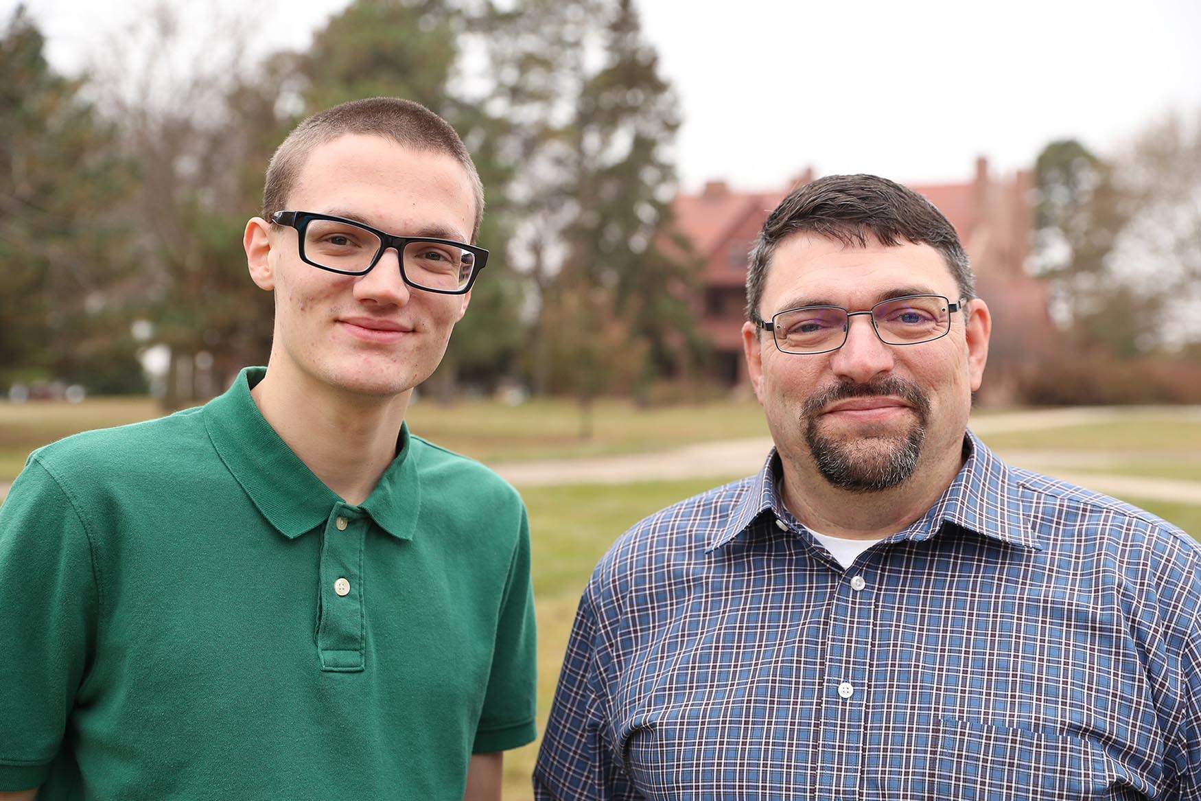 Phil Heun, right, and his son Joe both attend UNK using the military benefits Heun receives from his service in the U.S. Navy. (Photo by Corbey R. Dorsey, UNK Communications)