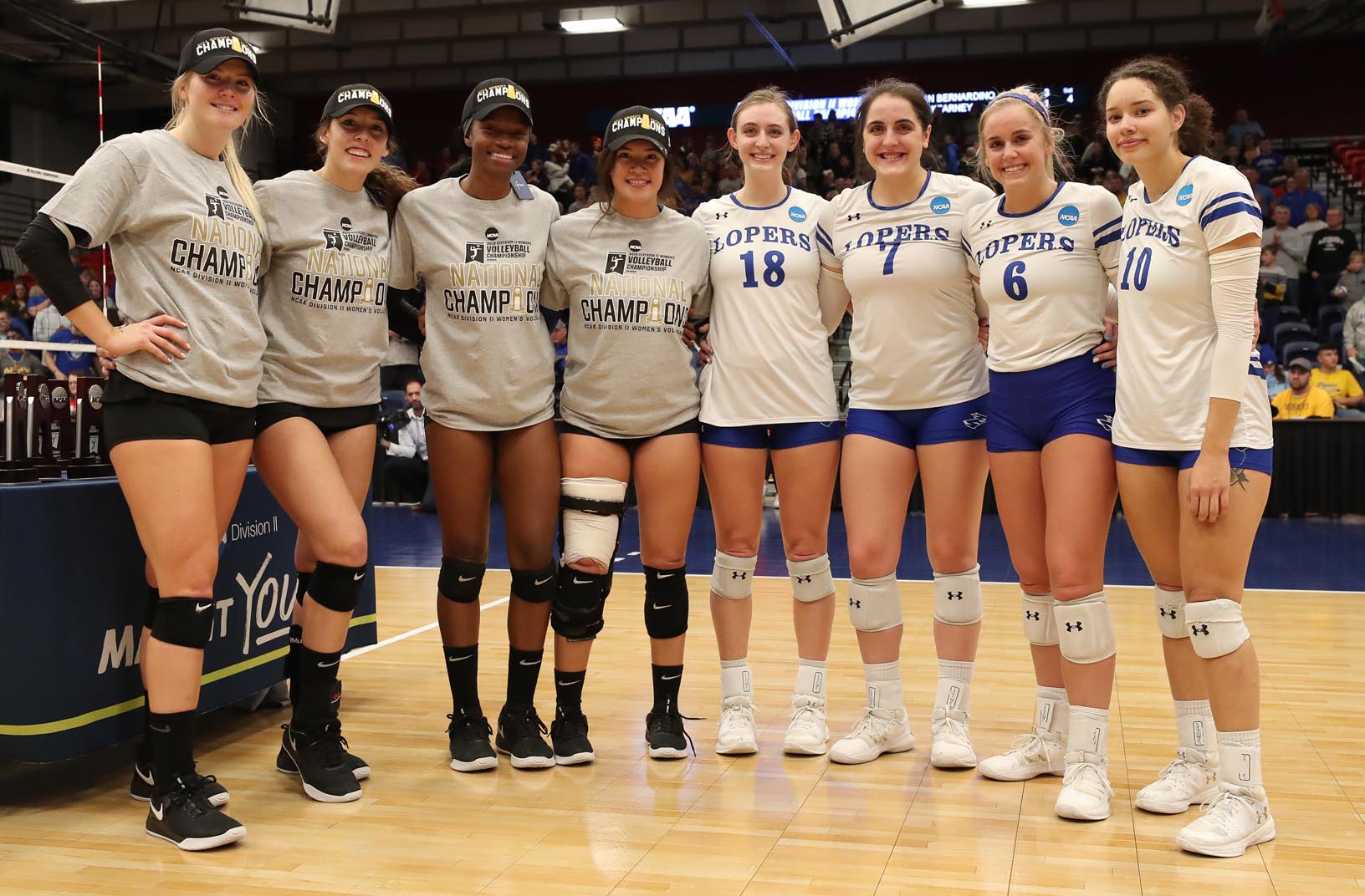 Joined by players from Cal State San Bernardino, UNK’s Mary Katherine Wolfe (18), Anna Squiers (7), Maddie Squiers (6) and Julianne Jackson (10) are recognized as all-tournament selections Saturday following the NCAA Division II championship match at the Auraria Event Center in Denver.