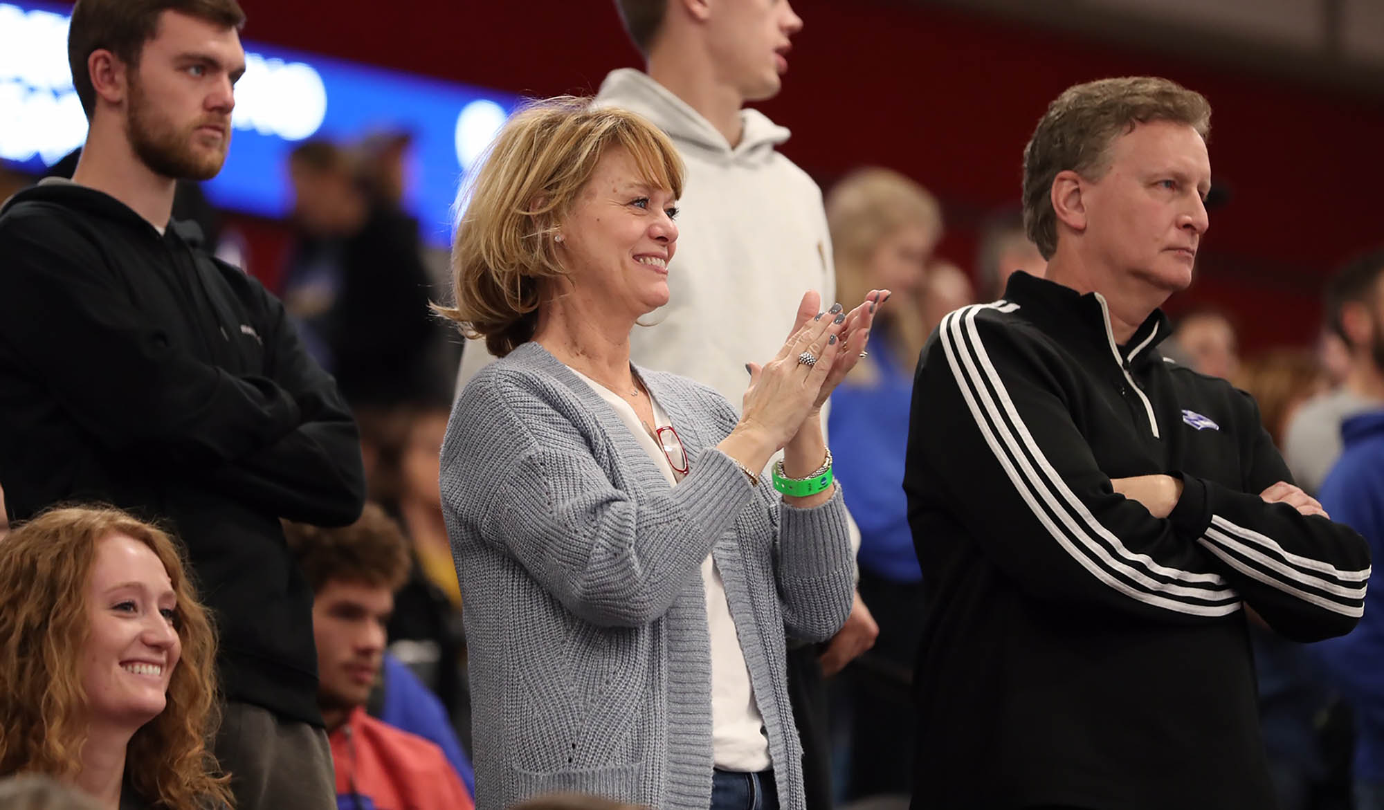 Cindy Wolfe of Omaha, the mother of junior outside hitter Mary Katherine Wolfe, cheers on the Lopers during Saturday’s NCAA Division II women’s volleyball championship at the Auraria Event Center in Denver. “I don’t know how to describe it,” Cindy Wolfe said of the experience. “In the back of your mind you knew they could do it, but to actually be here is another thing. There are really no words, but I’m so excited for them.” (Photos by Corbey R. Dorsey, UNK Communications)