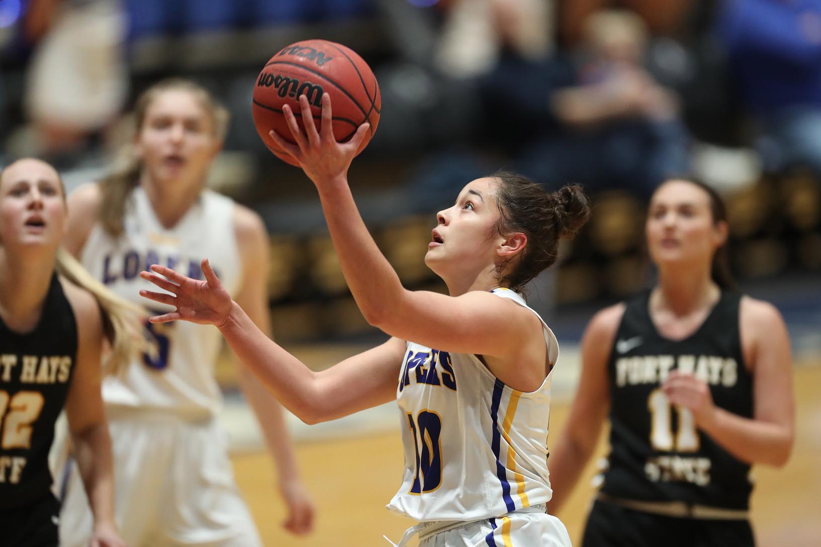 Haley Simental, who spent four seasons at the University of Denver before transferring to UNK, is averaging a team-best 12.2 points per game in her first season with the Lopers. She also leads the team in minutes played (723), 3-pointers (56) and assists (92). (Photos by Corbey R. Dorsey, UNK Communications)