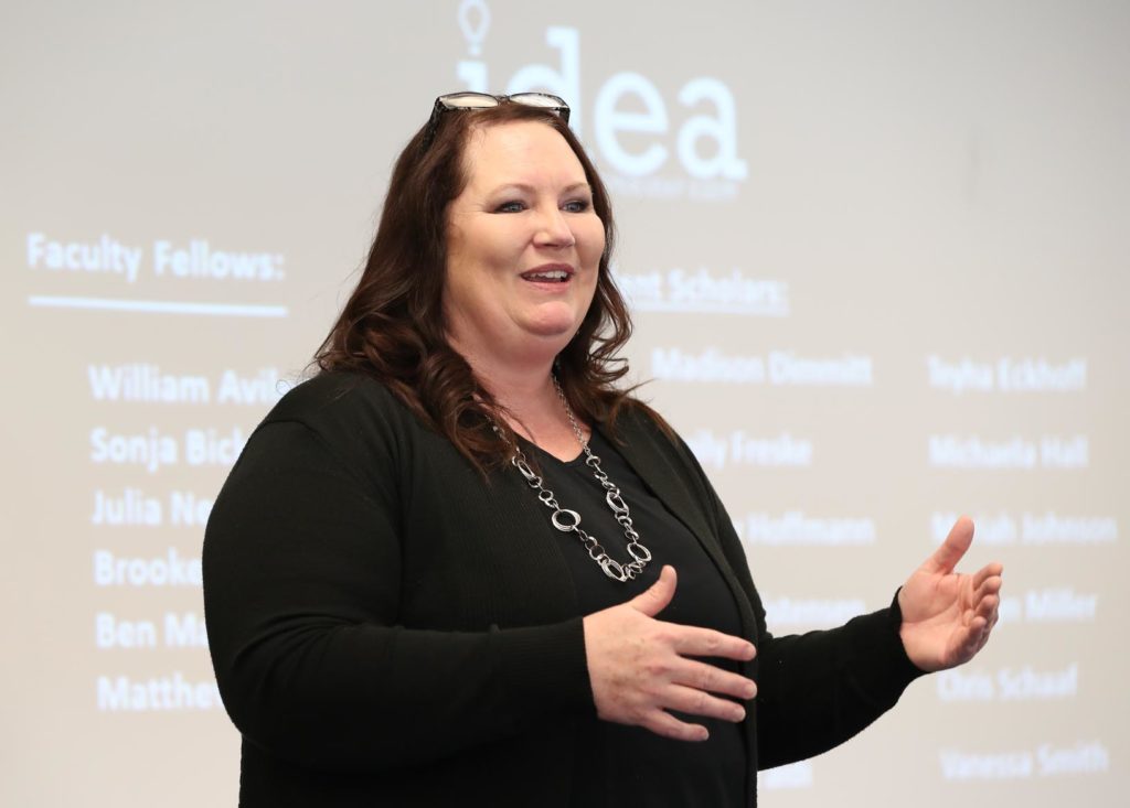Lisa Tschauner, director of UNK’s Center for Entrepreneurship and Rural Development, leads a discussion during a recent meeting of UNK’s new Interdisciplinary Entrepreneurship Academy. The academy brings UNK faculty and students together to think innovatively about their fields and ways to grow rural Nebraska.