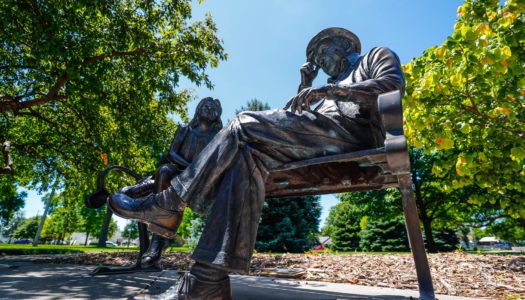 Afternoon in the Park, a bronze sculpture by Mark Lundeen at Harmon Park, is among artwork featured in a new booklet, “Kearney Art: Going Public.” The publication was produced by the University of Nebraska at Kearney. (Photo by Corbey R. Dorsey, UNK Communications)