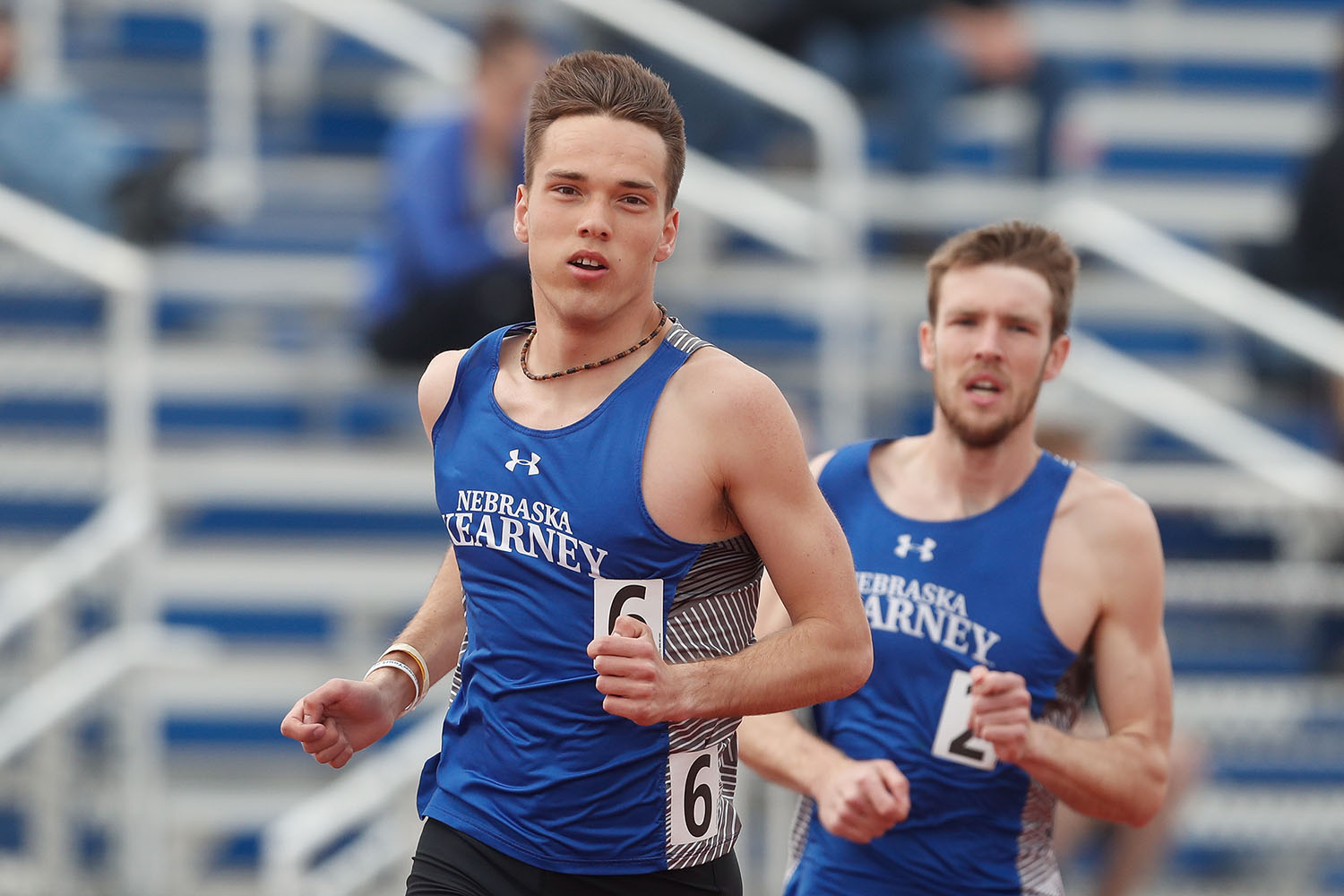 Nate Pierce, left, ranks third in UNK history in the outdoor 1,500-meter run (3:52.65), fifth in the indoor mile (4:10.75) and eighth in the indoor 1,000-meter run (2:31.18). He was also part of the distance medley relay team that set UNK and MIAA Indoor Track and Field Championships records with a time of 9:55.17. (Photo by Corbey R. Dorsey, UNK Communications)