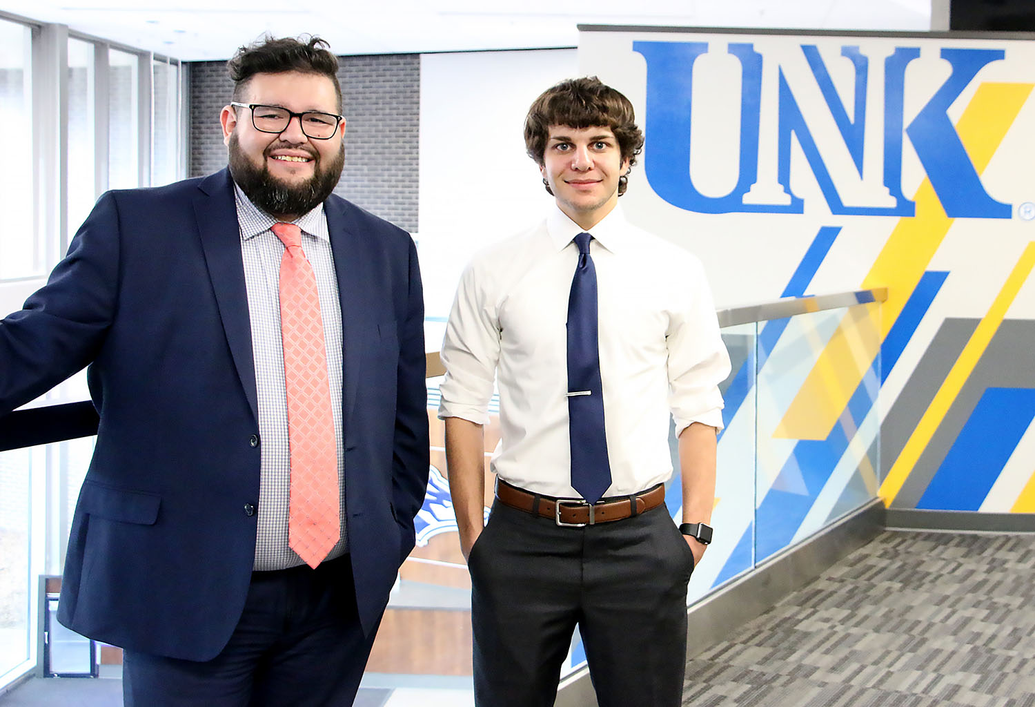 Luis Olivas, diversity recruitment and leadership coordinator in UNK’s Office of Student Diversity and Inclusion, left, and UNK student Derek Elton of Columbus are pictured inside the Nebraskan Student Union on campus. Elton is one of 13 students selected for the new Student Diversity Leadership Program led by Olivas.