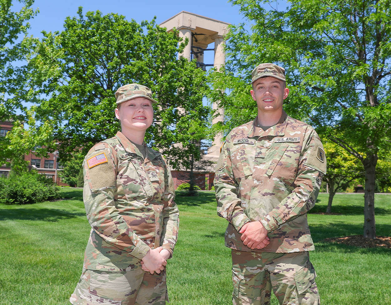 UNK seniors Haley Munson and Trevor Wood both serve in the Nebraska Army National Guard. They supported the Guard’s response to the COVID-19 pandemic while finishing the spring semester. (Photos by Corbey R. Dorsey, UNK Communications)