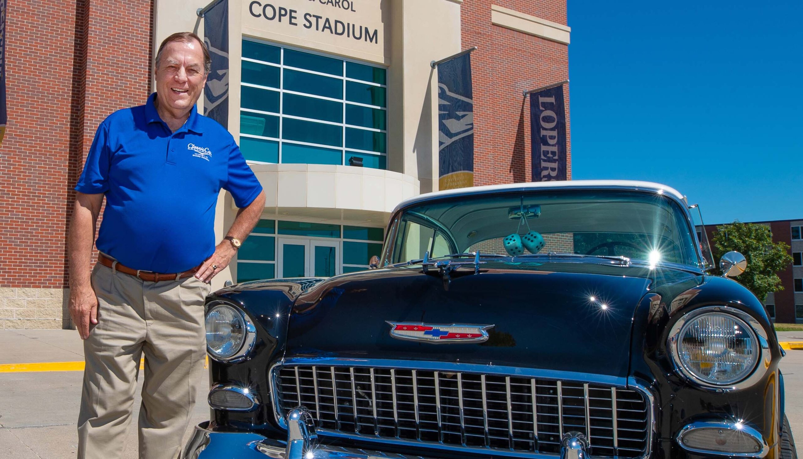 Brad Kernick loves classic cars and Loper football. He serves as chairman of the annual Cruise Nite celebration in Kearney and the Loper Football Backers event, which raises money for UNK student-athlete scholarships. (Photo by Corbey R. Dorsey, UNK Communications)